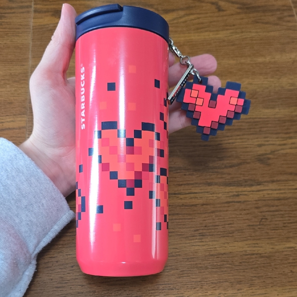 Starbucks Coral Pink Pixel Heart Tumbler with Navy Lid and Keychain